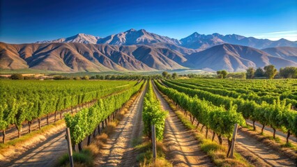 Fototapeta premium Stunning vineyard in Argentina with rows of lush grapevines against a backdrop of mountains and clear blue sky