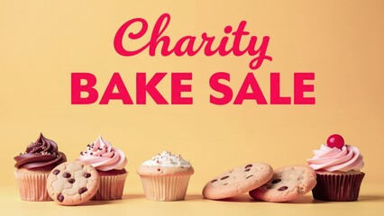 Charity bake sale banner featuring cupcakes and cookies on yellow background