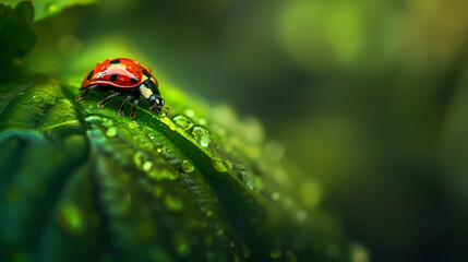 Fototapeta premium Ladybug on Dew-Kissed Leaf: A vibrant red ladybug rests on a lush green leaf, adorned with glistening dewdrops. The image evokes a sense of serenity and the beauty of nature's details. 