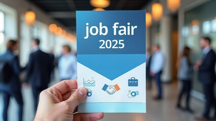 Hand holding job fair 2025 flyer in busy office environment