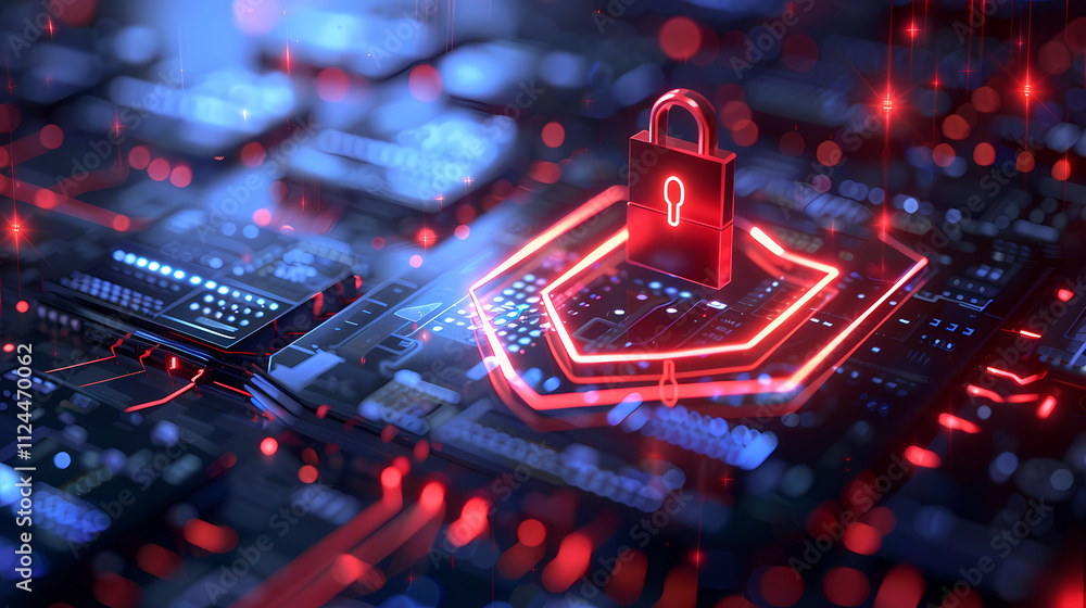 Poster cybersecurity shield: a digital fortress protects sensitive data. red neon lines illuminate a padloc