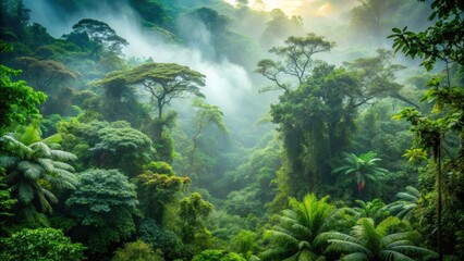 Fototapeta premium Misty forest in Central America with lush green foliage and foggy atmosphere, central america, forest, mist, fog, green