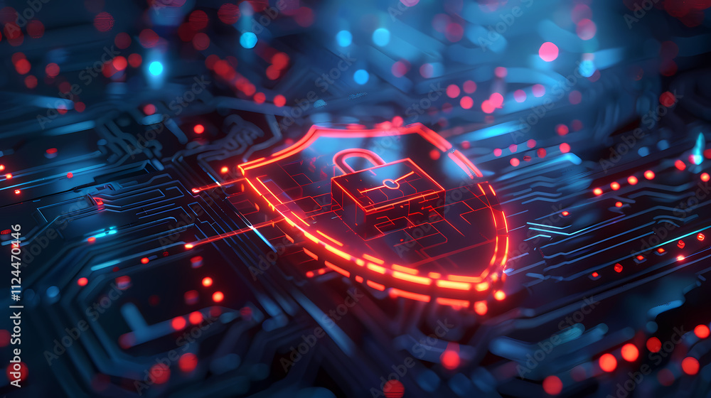 Poster cybersecurity: a glowing red shield with a padlock emblem sits atop a circuit board, symbolizing the