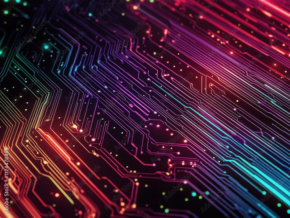 Aufkleber abstract circuit board design colorful neon lines background digital art