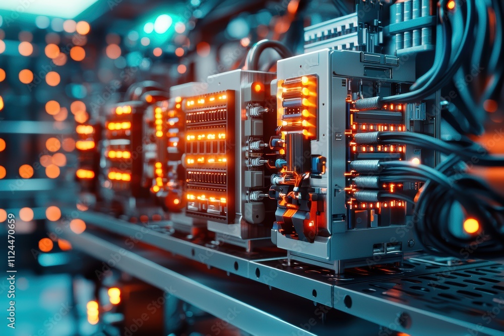 Poster intricate circuitry with glowing lights in a technology setup