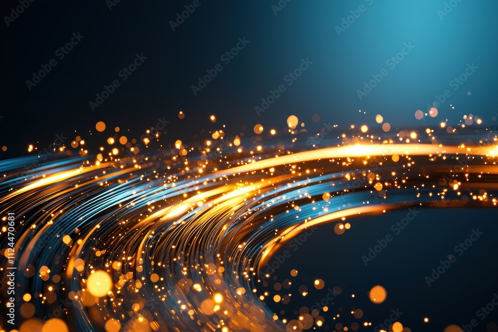 Poster dynamic wave of glowing particles and light trails in motion