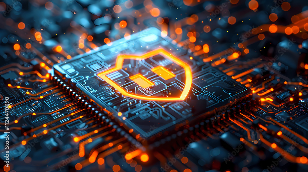 Poster cybersecurity shield: a glowing shield icon illuminates a circuit board, symbolizing the protection 