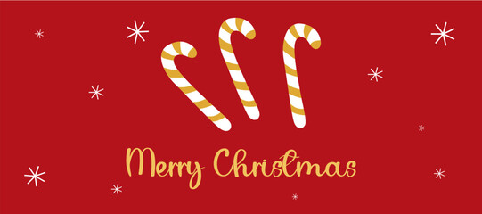 Merry christmas and happy new year simple greeting with candy cane ornament, and snow element on red horizontal background for sale, advertisement, promotion, card, gift, poster, flyer and banner.