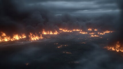 Aerial View of Wildfire Burning Forest Disaster Emergency Smoke Flames Night