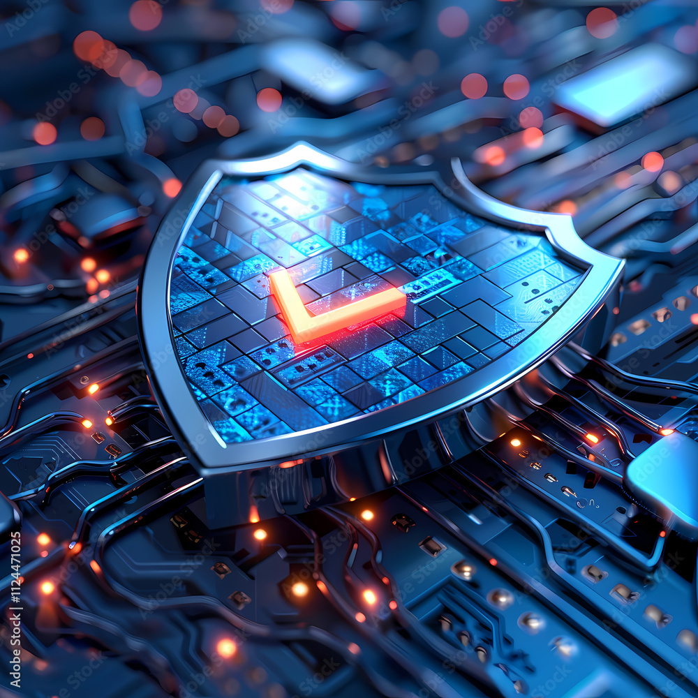 Poster cybersecurity shield: digital fortress. a gleaming metallic shield, emblazoned with a vibrant checkm