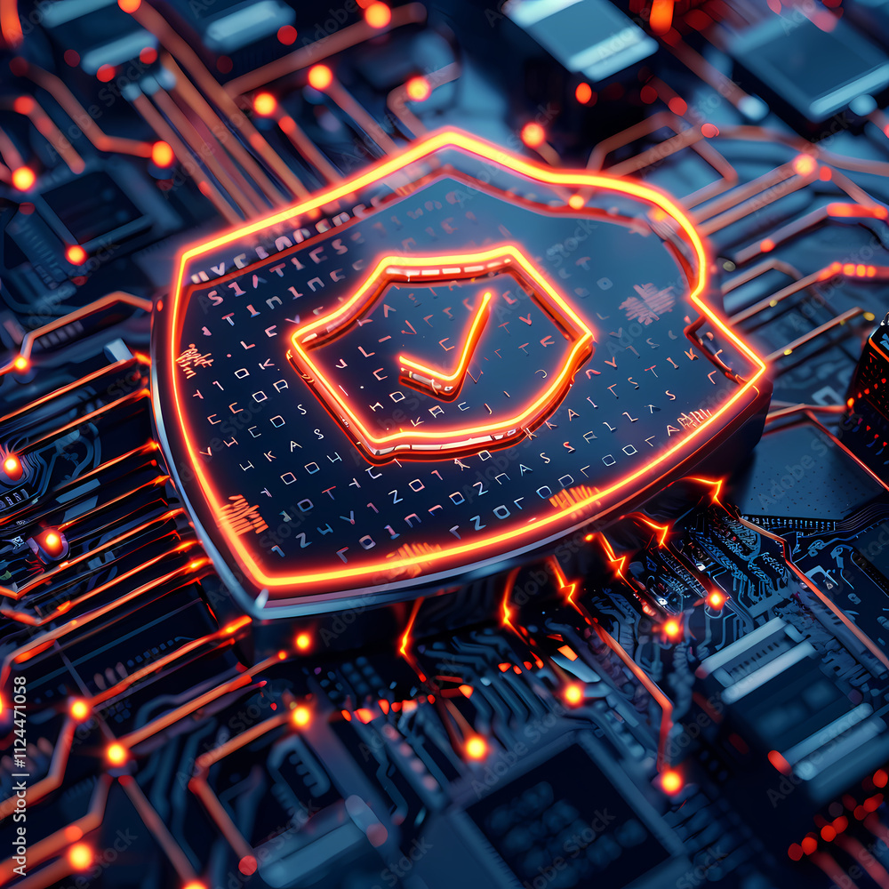 Aufkleber cybersecurity shield: a glowing, futuristic shield icon with a checkmark rests on a circuit board, s
