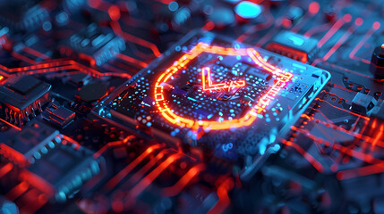 Cybersecurity Shield: A glowing shield icon, a symbol of security and protection, sits on a circuit board, representing the digital defense against cyber threats.  