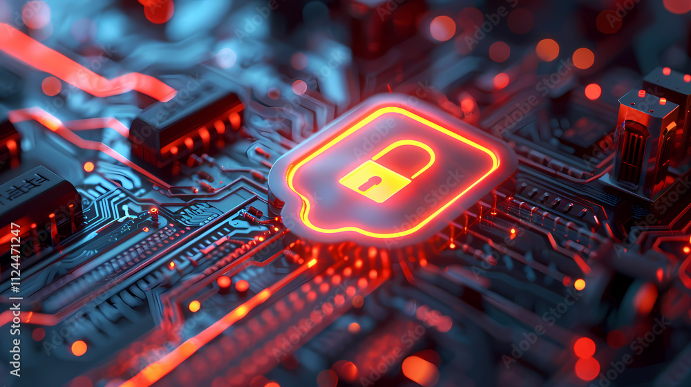 Poster cybersecurity: digital fortress. a glowing padlock icon embedded in a circuit board, representing th