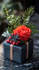 Decorative gift box with artificial flowers and greenery on a marble surface in natural light