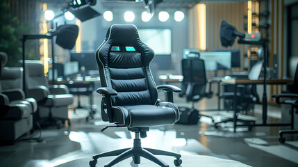Gaming Chair in Studio Setting: A sleek, black gaming chair takes center stage in a professional studio setting, bathed in soft lighting, with other chairs blurred in the background.