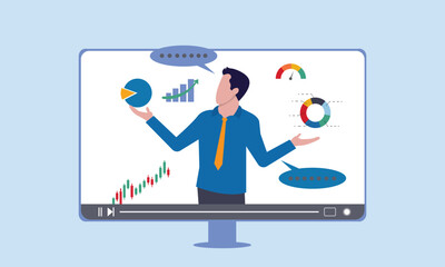 Movie or education video clip, expertise explaining business strategy online, explainer video online tutorial or training course, businessman expert explain business pie chart in video interface.