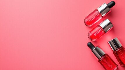 Obraz premium Elegant Glass Dropper Bottles on Pink Background for Beauty and Skincare Products