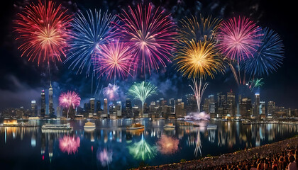 Fire works at new year eve with building and river