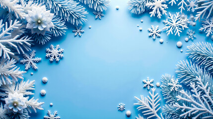 A blue background with snowflakes and pine branches
