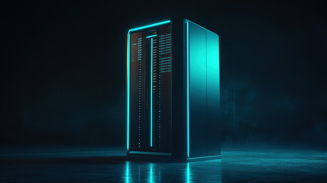 A streamlined, modern online gaming server rack with flashing lights and cables highlighting the importance of the server. The cool blue lighting symbolizes high-tech infrastructure.