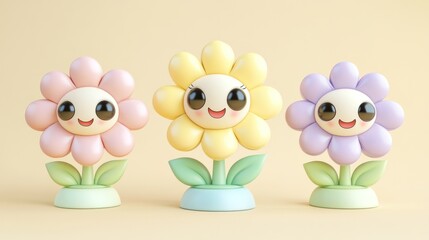 Obraz premium Cute cartoon flowers with smiling faces in pastel colors
