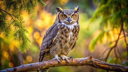 Majestic great horned owl perched on a tree branch , wildlife, bird of prey, nocturnal, feathers