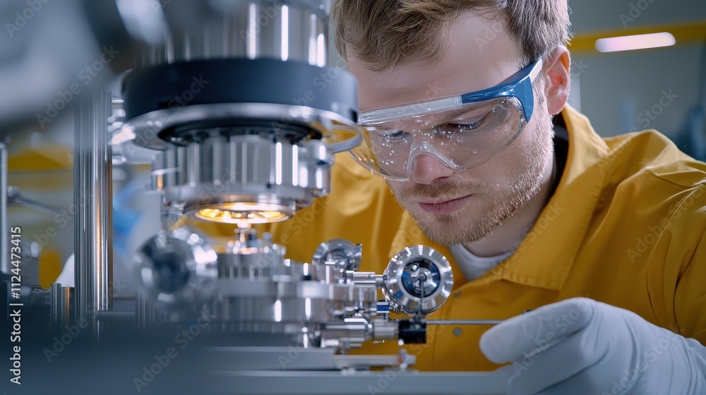 Aufkleber focused engineer working on precision machinery in laboratory setting