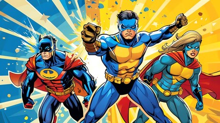 A comic book style illustration of three superheroes in action poses.