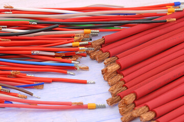 Copper electrical installation wires in colored insulation. Close-up. Soft focus.