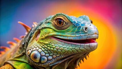 Fototapeta premium Cute iguana smiling against a bright colored background, happy birthday celebration, cute, iguana, reptile, exotic, animal