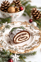 A close-up photo of Yule log cake on a vintage ceramic plat , set against a white background, with snowflakes and pine cones surrounding it. In the background, a bowl is filled with pines.  