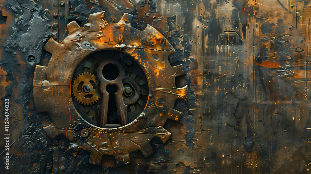 Poster steampunk keyhole: a keyhole surrounded by intricate gears and cogs, set against a weathered metalli