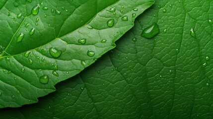 Fototapeta premium Close-Up View of Fresh Green Leaves with Water Droplets on a Vibrant Natural Background