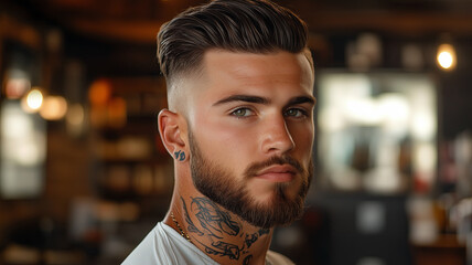 Men’s hairstyle inspiration with low taper fade and perfectly groomed facial hair
