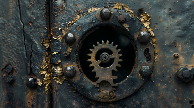 Rusty Gears and Gold: Intricate details of an antique clockwork mechanism, showcasing the beauty of aged metal, intricate gears, and gilded accents. A captivating blend of history and artistry.