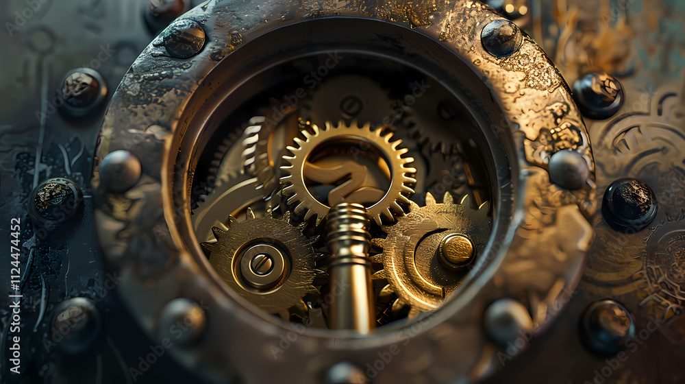 Aufkleber intricate clockwork: a mesmerizing close-up of intricate gears and cogs within a vintage clock, reve