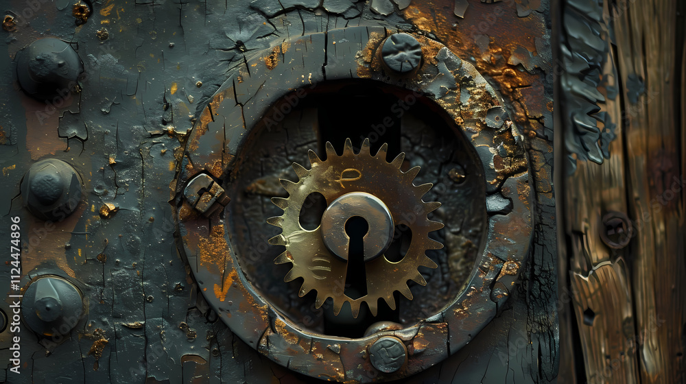 Poster rusty gear clockwork mechanism: intriguing steampunk-style image of an aged, rusty gear mechanism em