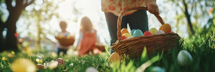 closeup lifestyle photo of Easter egg hunt. beautiful lauging children with baskets are looking for hidden eggs in the spring park