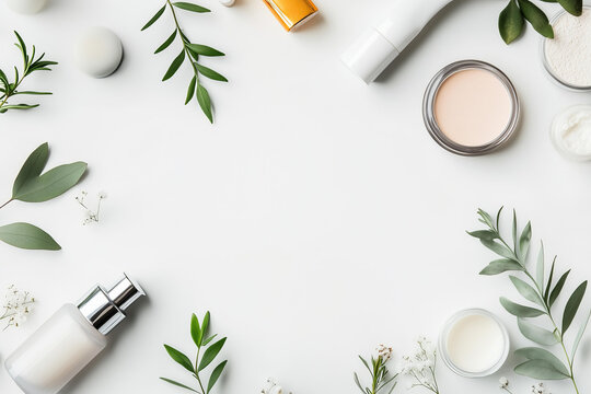  cosmetics, clean border frame for skin care routine concept, white background  with copy space