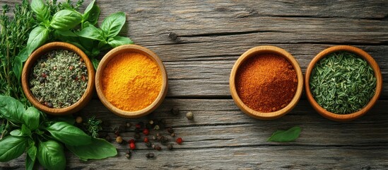 Four wooden bowls of spices and herbs on a wooden table.