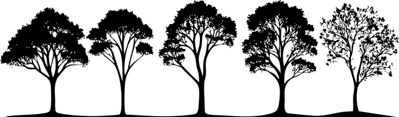 A collection of tree silhouettes showcasing different shapes and sizes, perfect for nature-themed designs or eco-friendly projects.