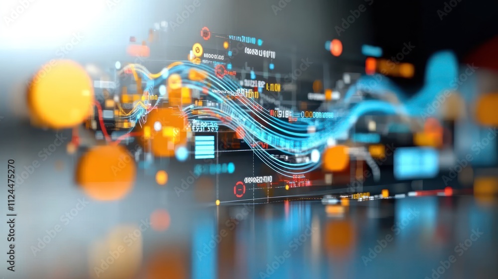 Poster abstract digital data visualization with flowing lines and nodes.