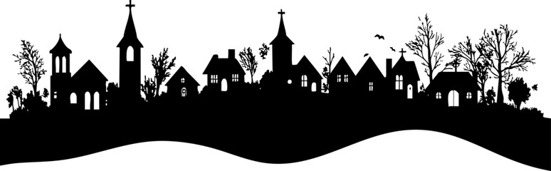 Fototapeta premium A black and white silhouette of a village skyline featuring churches, houses, and trees, ideal for design and decoration.