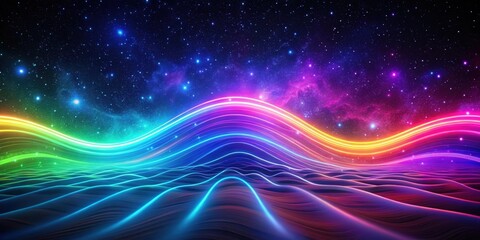 Colorful neon waves flowing under starry sky, neon, waves, colorful, abstract, background, celestial, night, vibrant, glowing, flow