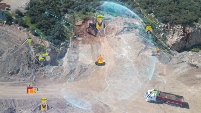 aerial view shot mining, dumpers, quarrying extractive industry stripping work. Big Mining Trucks. View from drone at opencast mining with lots of machinery trucks. High quality 4k footage