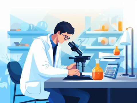 Scientist looking into microscope and analyzing tests in medical laboratory, illustration
