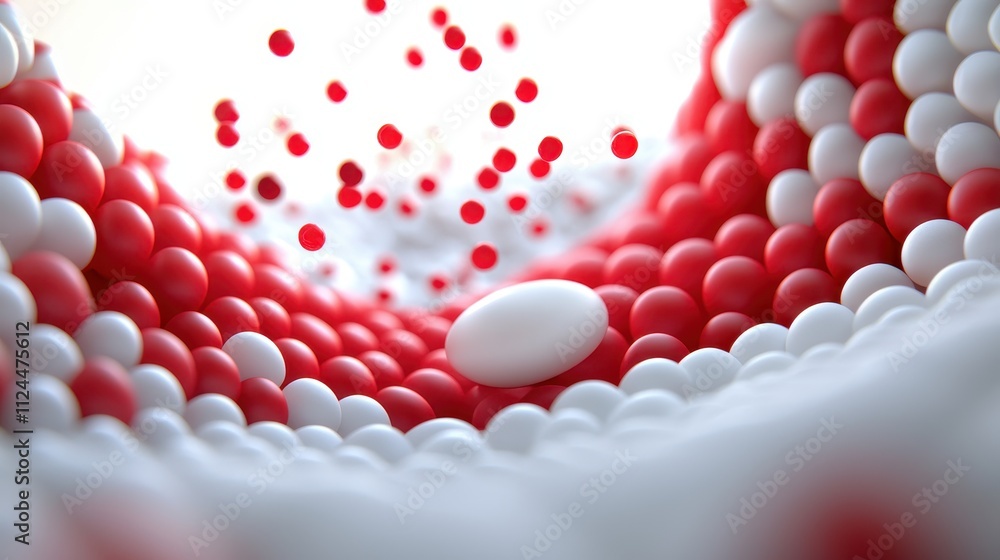 Poster abstract flow of red and white spheres in dynamic composition
