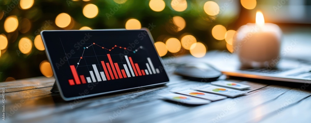 Poster modern digital dashboard with graphs on wooden table background