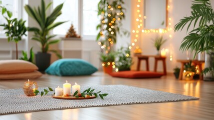 Cozy and Serene Living Space with Candles, Plants, and Soft Lighting Decor