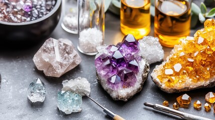 Fototapeta premium Colorful Crystals and Mineral Specimens on Tabletop Display